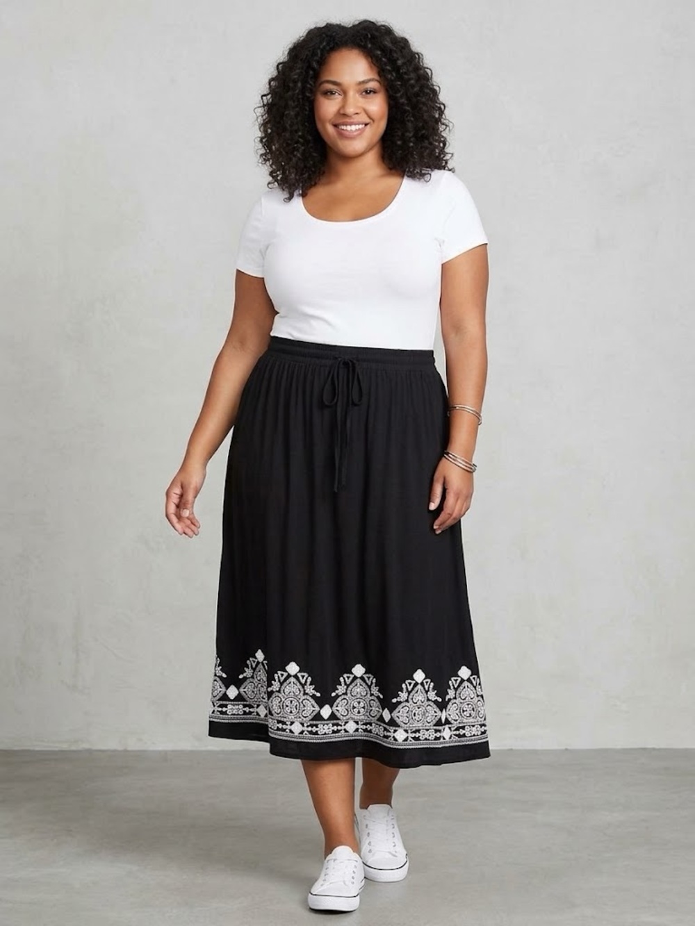 HEIMISH USA Black Midi Skirt with White Embroidered Hem